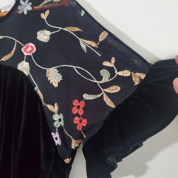 Pleione Top Large Black Velvet Sheer Floral Embroidered Fairy Whimsygoth Gothic - Picture 5 of 13